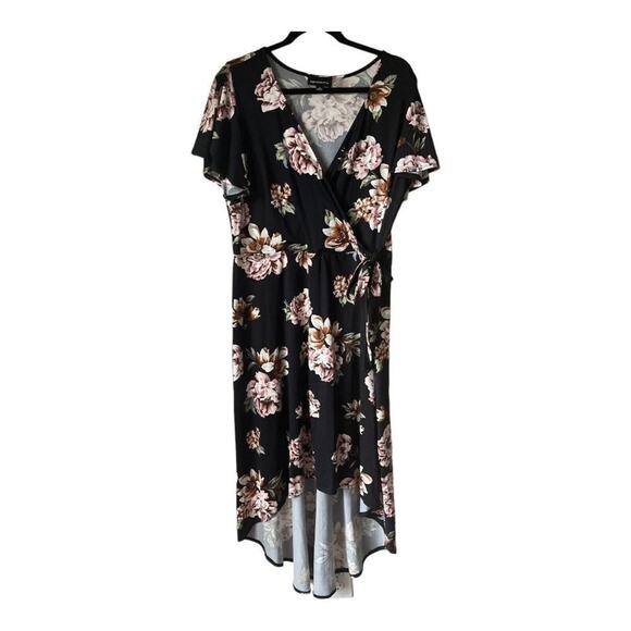 FORTUNE + IVY WOMEN'S IRENE FAUX WRAP BRUSHED KNIT MAXI DRESS BLACK 1X - Picture 1 of 4